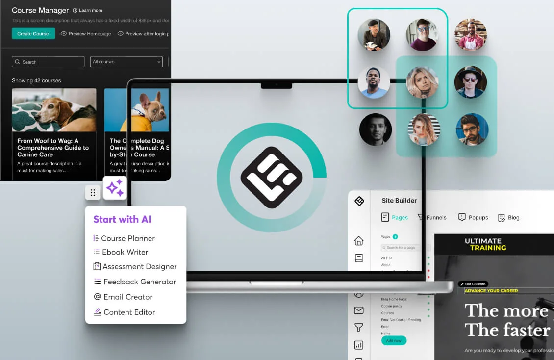Laptop displays a course-management dashboard with AI tool menu while circular user avatars float to the right on a pale-gray workspace.