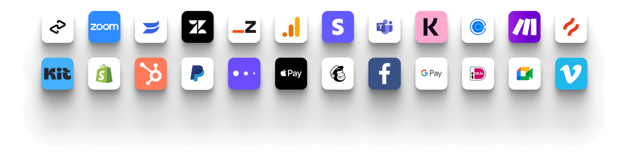 Grid of third-party integration logos including Zoom, Shopify, HubSpot, PayPal, Stripe, Mailchimp, Teams, Vimeo, and others under the heading ‘Integrate with your favorite tools.